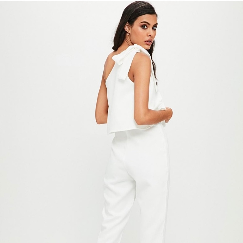 Missguided White One Shoulder Jumpsuit with Tie